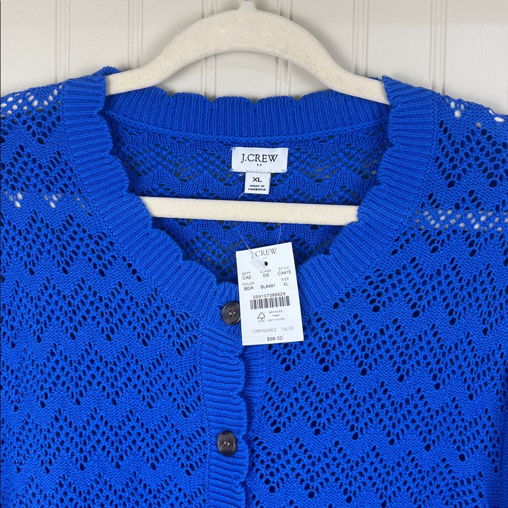 NWT J Crew Blue Pointelle Knit Scalloped Cardigan Sweater Size XL 100% Cotton - Picture 5 of 10